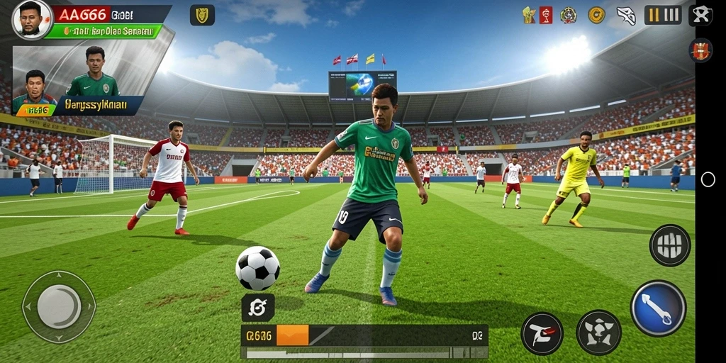 Tampilan gameplay seru dalam AA666 menampilkan aksi sepak bola yang menegangkan.