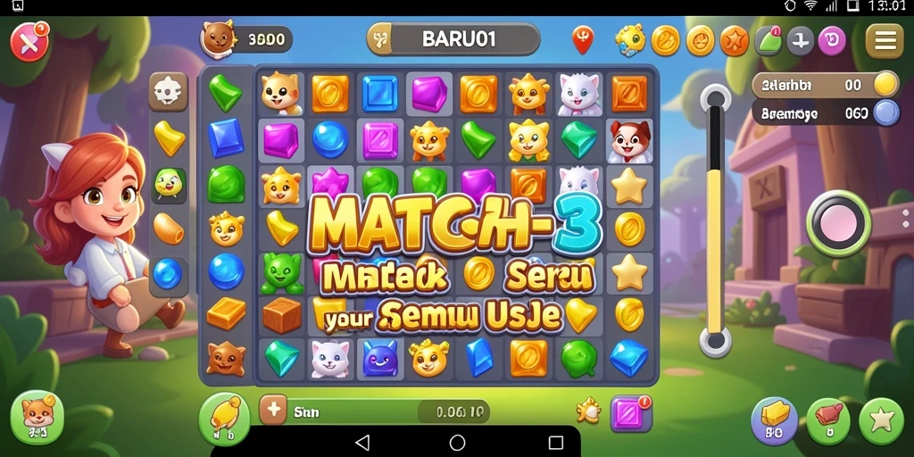 Tangkapan layar gameplay BARU01 yang menampilkan kombinasi permata yang memikat.