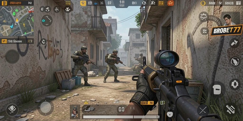 Tampilan gameplay intens dari BROBET77, memperlihatkan aksi seru FPS.