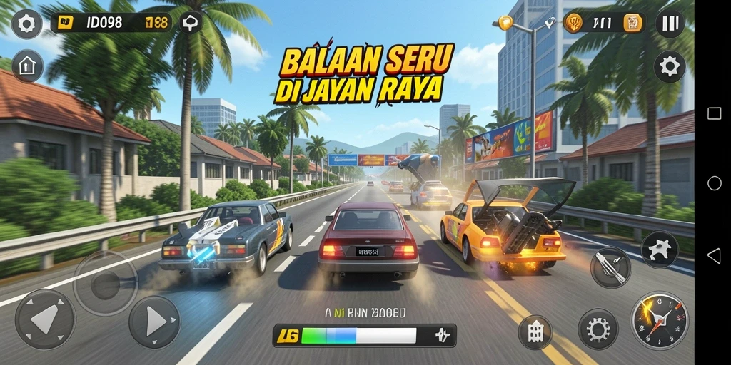 Screenshot menunjukkan balapan intens di ID098 dengan mobil-mobil berkualitas tinggi.