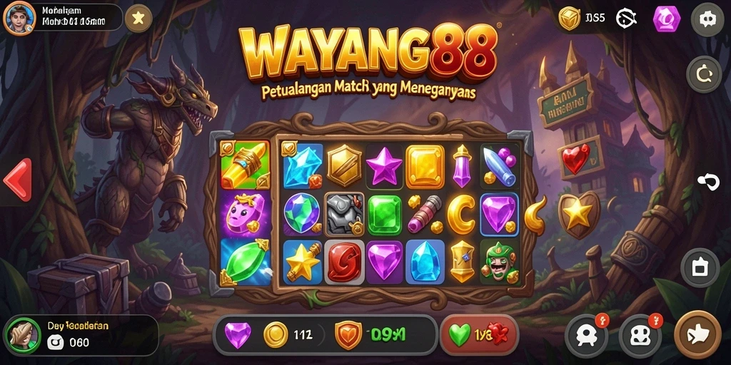 Tampilan gameplay WAYANG88 dengan elemen Match-3 yang cerah.